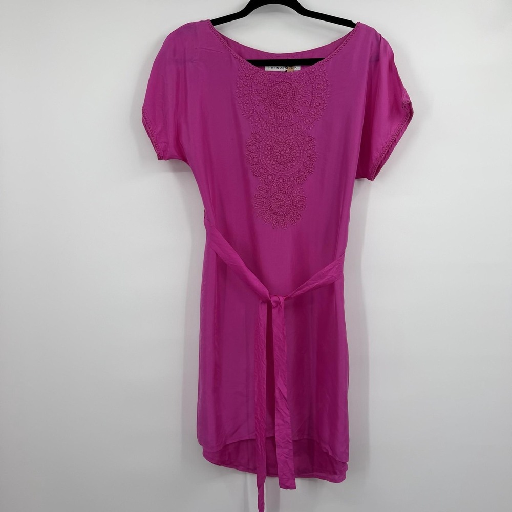 Trina Turk Dress Womens 4 Pink Silk Shift Embroidered Belted Casual